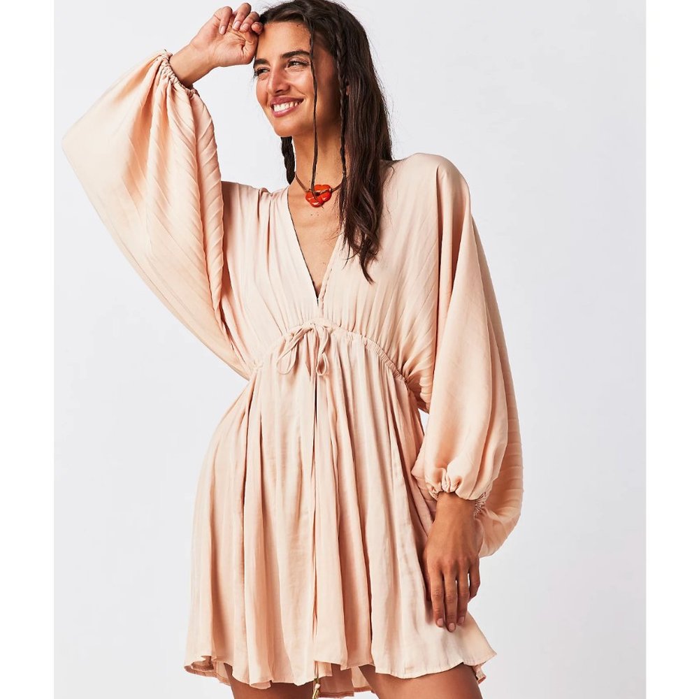Free People Arzel Balloon Sleeve Adjustable Tie Waist Peach Pink Mini Dress